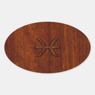 Pisces Zodiac Sign in Mahogany wood style Oval Sticker