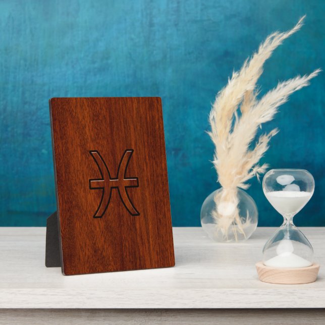Pisces Zodiac Sign in Mahogany Wood Style Plaque (Side)