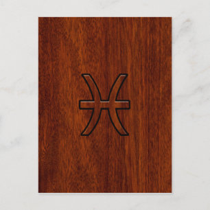Pisces Zodiac Sign in Mahogany Wood Style Postcard