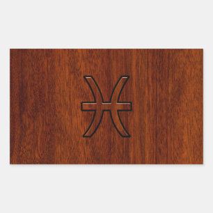 Pisces Zodiac Sign in Mahogany Wood Style Rectangular Sticker