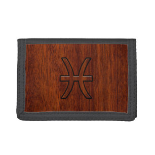 Pisces Zodiac Sign in Mahogany wood style Tri-fold Wallet