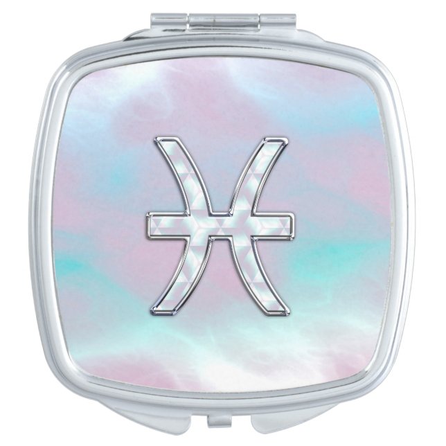 Pisces Zodiac Sign Mother of Pearl style Makeup Mirror (Front)