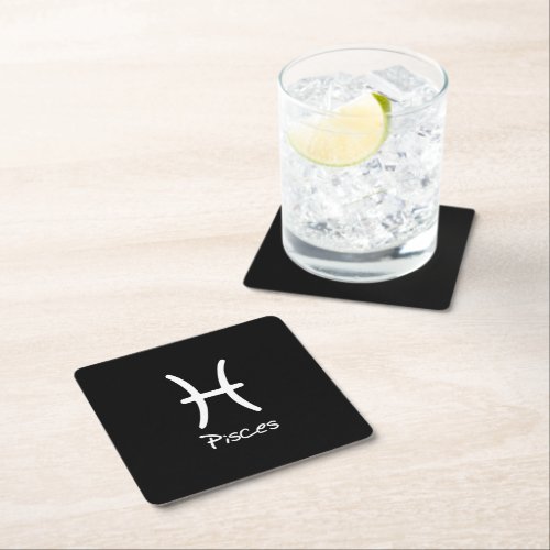 Pisces Zodiac Sign on Black Background Square Paper Coaster
