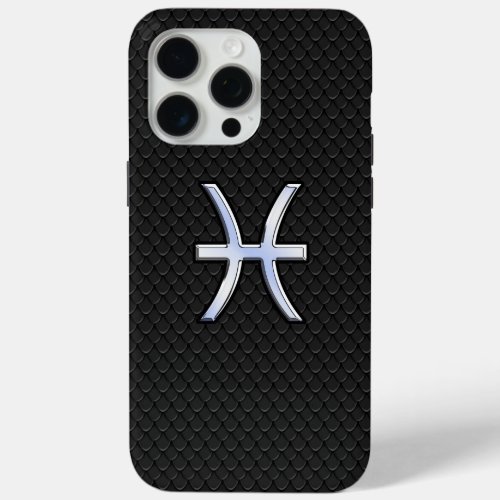 Pisces Zodiac Sign on Black Snake Skin Decor iPhone 15 Pro Max Case