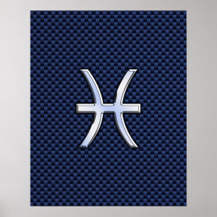 Pisces Zodiac Sign on Blue Carbon Fiber Print