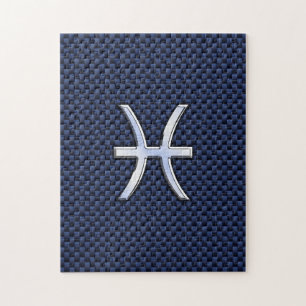 Pisces Zodiac Sign on Blue Carbon Fiber Print Jigsaw Puzzle