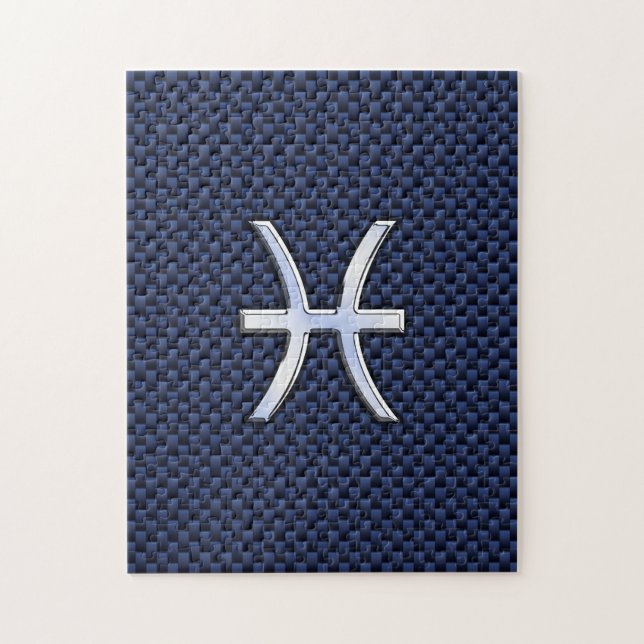 Pisces Zodiac Sign on Blue Carbon Fiber Print Jigsaw Puzzle (Vertical)