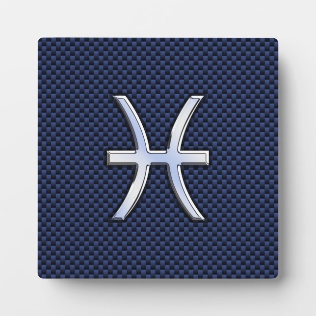 Pisces Zodiac Sign on Blue Carbon Fiber Print Plaque (Front)