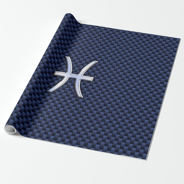 Pisces Zodiac Sign on Blue Carbon Fiber Print Wrapping Paper (Unrolled)