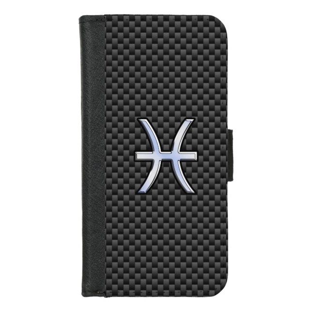 Pisces Zodiac Sign on Carbon Fiber Print iPhone Wallet Case (Front)