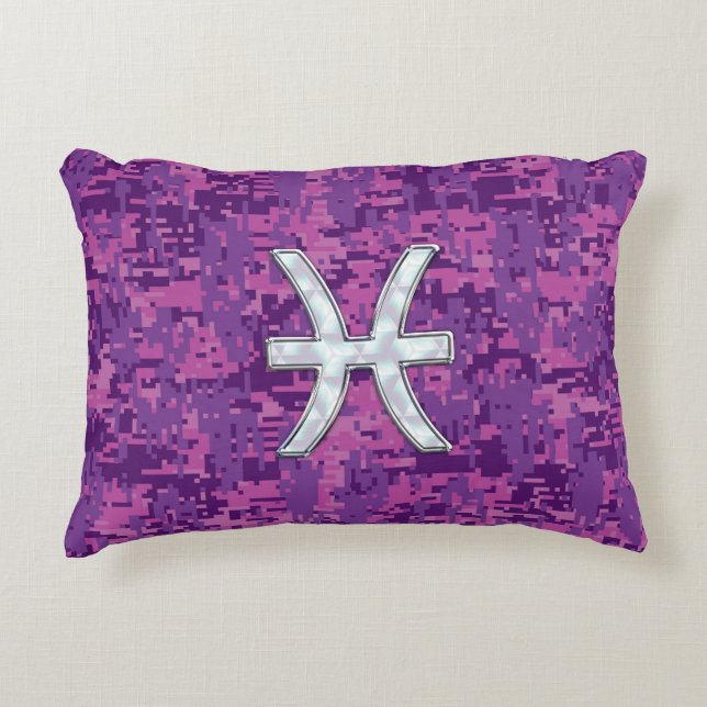 Pisces Zodiac Sign on Fuchsia Digital Camo Decorative Pillow (Front)