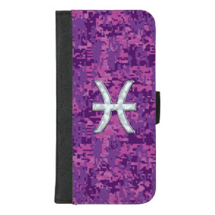 Pisces Zodiac Sign on Fuchsia Digital Camo iPhone 8/7 Plus Wallet Case