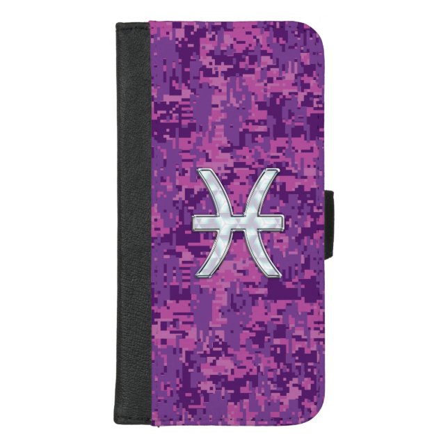 Pisces Zodiac Sign on Fuchsia Digital Camo iPhone Wallet Case (Front)