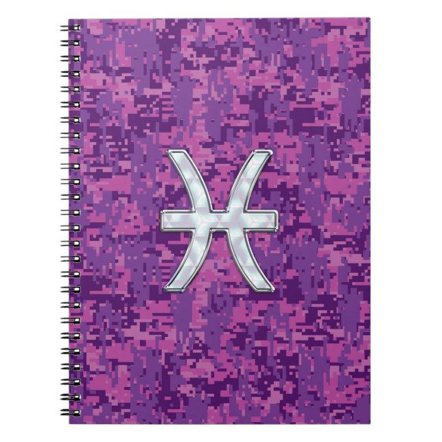 Pisces Zodiac Sign on Fuchsia Digital Camo Notebook (Front)