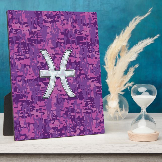 Pisces Zodiac Sign on Fuchsia Digital Camo Plaque (Side)