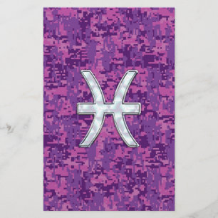 Pisces Zodiac Sign on Fuchsia Digital Camo Stationery