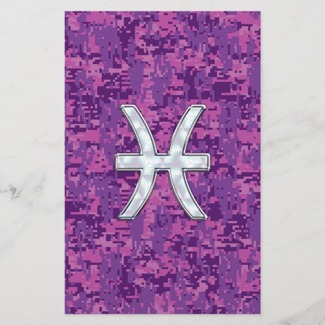 Pisces Zodiac Sign on Fuchsia Digital Camo Stationery (Front)