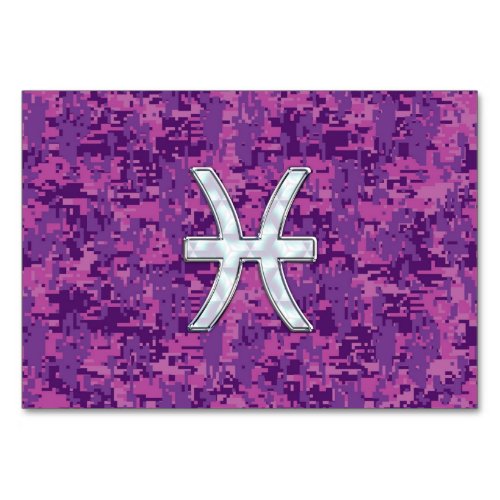 Pisces Zodiac Sign on Fuchsia Digital Camo Table Number