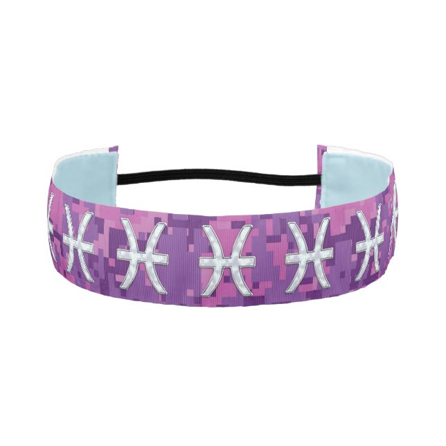 Pisces Zodiac Sign on Fuchsia Pink Digital Camo Athletic Headband (Front)