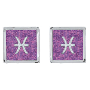 Pisces Zodiac Sign on Fuchsia Pink Digital Camo Silver Cufflinks