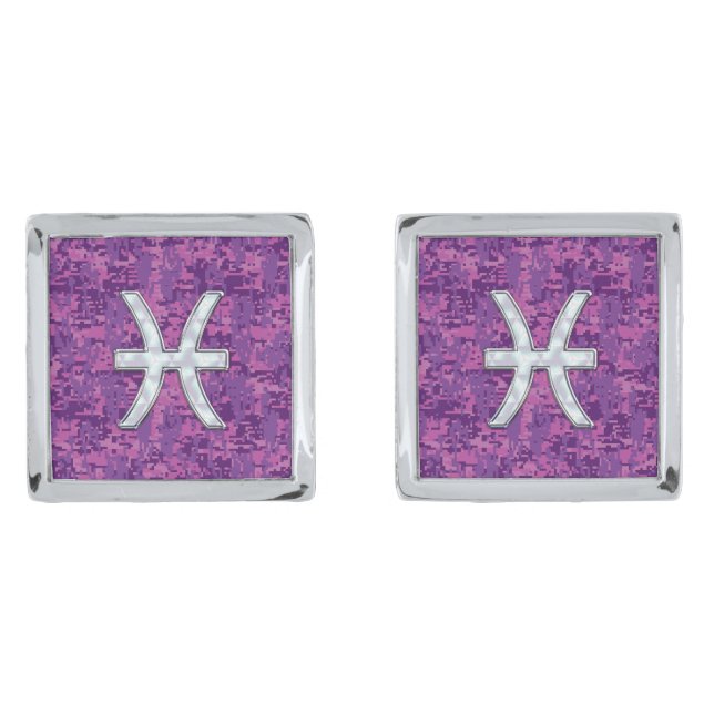 Pisces Zodiac Sign on Fuchsia Pink Digital Camo Silver Cufflinks (Front)