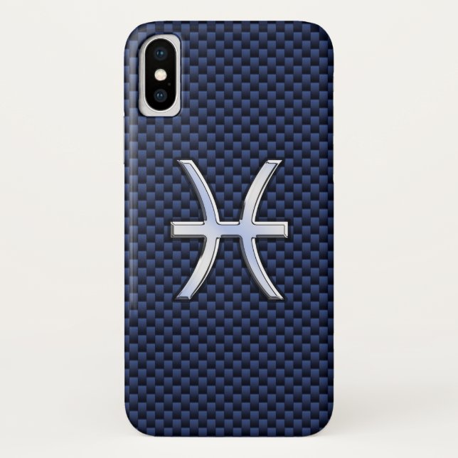 Pisces Zodiac Sign on Navy Blue Carbon Fiber Print Case-Mate iPhone Case (Back)