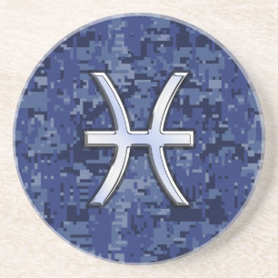 Pisces Zodiac Sign on Navy Blue Digital Camo Decor Drink Coaster