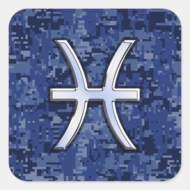 Pisces Zodiac Sign on Navy Blue Digital Camo Decor Square Sticker (Front)