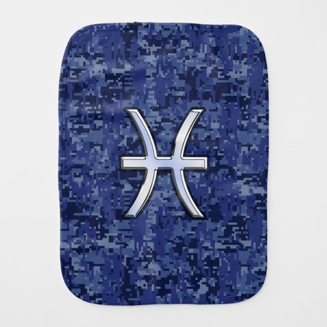 Pisces Zodiac Sign on Navy Blue Digital Camouflage Burp Cloth (Front)