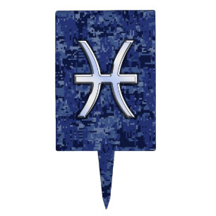 Pisces Zodiac Sign on Navy Blue Digital Camouflage Cake Topper