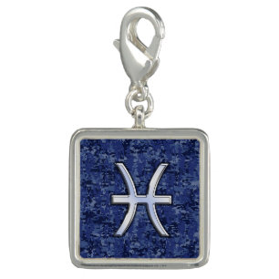 Pisces Zodiac Sign on Navy Blue Digital Camouflage Charm