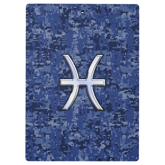 Pisces Zodiac Sign on Navy Blue Digital Camouflage Clipboard (Back)
