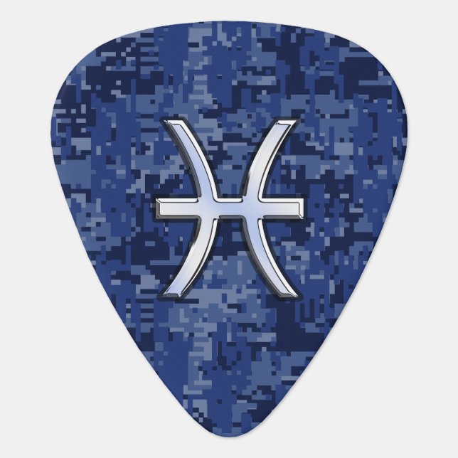 Pisces Zodiac Sign on Navy Blue Digital Camouflage Guitar Pick (Front)