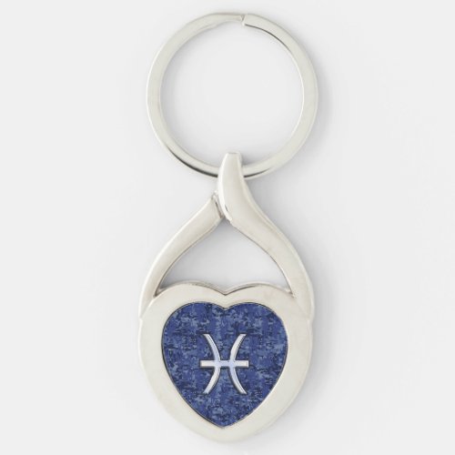 Pisces Zodiac Sign on Navy Blue Digital Camouflage Keychain