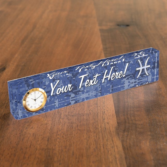 Pisces Zodiac Sign on Navy Blue Digital Camouflage Name Plate (Side)