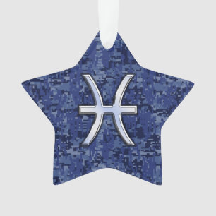 Pisces Zodiac Sign on Navy Blue Digital Camouflage Ornament