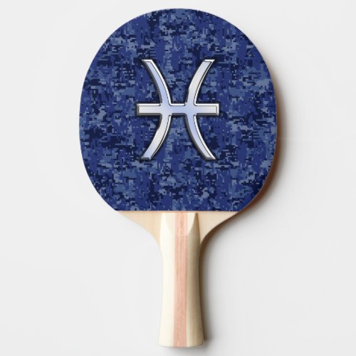 Pisces Zodiac Sign on Navy Blue Digital Camouflage Ping Pong Paddle