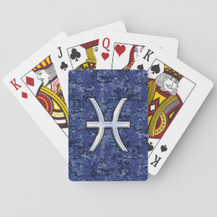 Pisces Zodiac Sign on Navy Blue Digital Camouflage Playing Cards