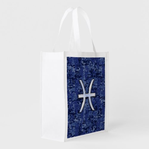 Pisces Zodiac Sign on Navy Blue Digital Camouflage Reusable Grocery Bag