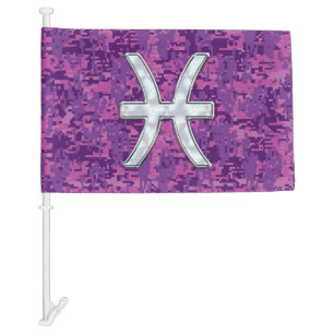 Pisces Zodiac Sign on Pink Digital Camo Car Flag