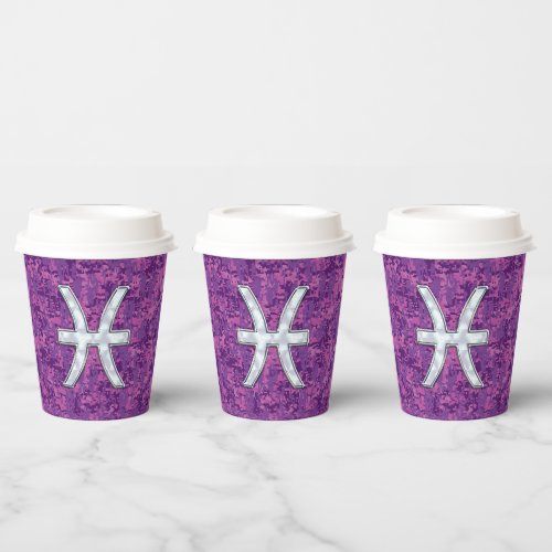Pisces Zodiac Sign on Pink Digital Camo Paper Cups