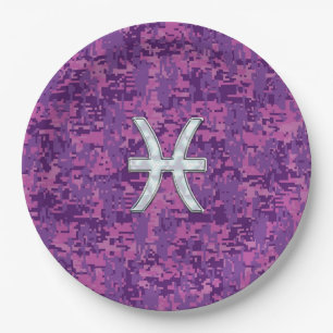 Pisces Zodiac Sign on Pink Digital Camo Paper Plates