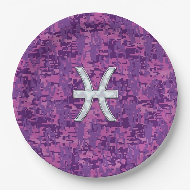 Pisces Zodiac Sign on Pink Digital Camo Paper Plates (Front)