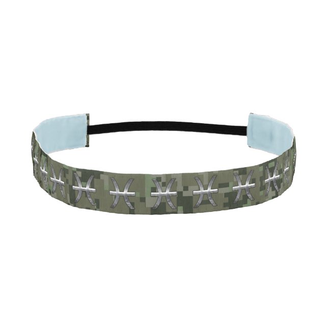 Pisces Zodiac Sign on Woodland Digital Camo Athletic Headband (Front)