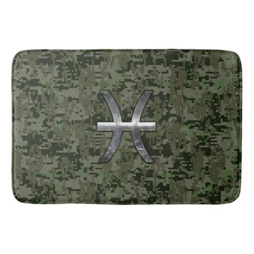 Pisces Zodiac Sign on Woodland Digital Camo Bath Mat