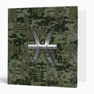 Pisces Zodiac Sign on Woodland Digital Camo Decor 3 Ring Binder