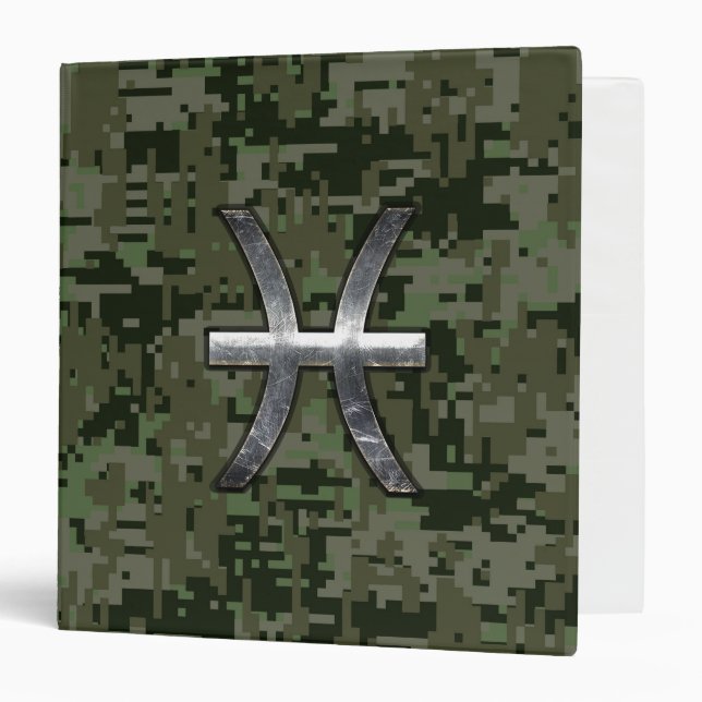 Pisces Zodiac Sign on Woodland Digital Camo Decor 3 Ring Binder (Front/Inside)