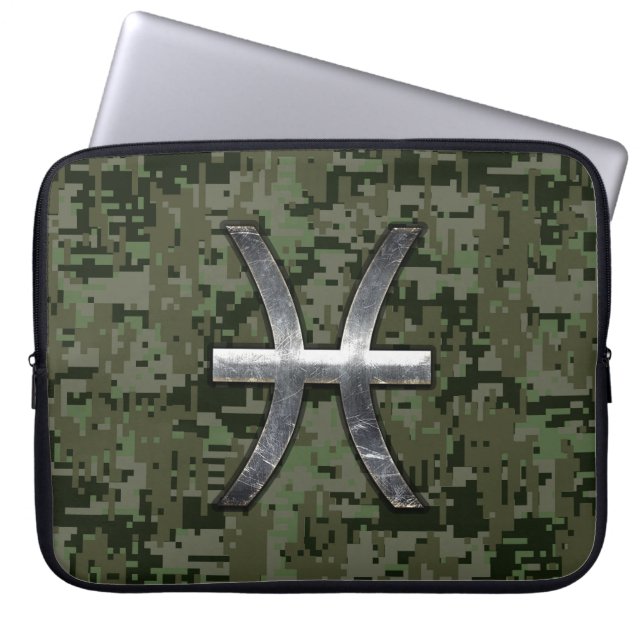 Pisces Zodiac Sign on Woodland Digital Camo Decor Laptop Sleeve (Front)