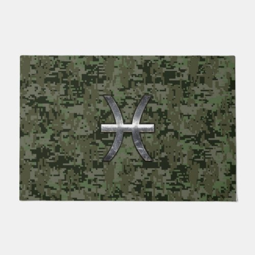 Pisces Zodiac Sign on Woodland Digital Camo Doormat