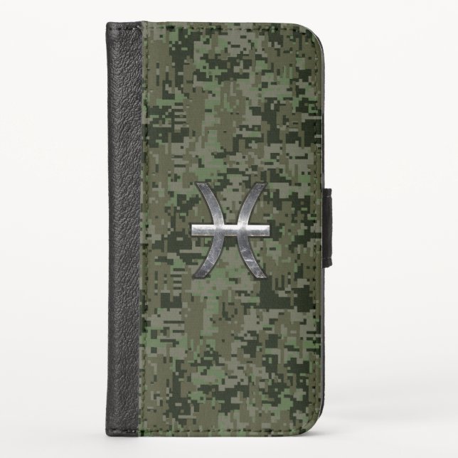 Pisces Zodiac Sign on Woodland Digital Camo iPhone Wallet Case (Front)